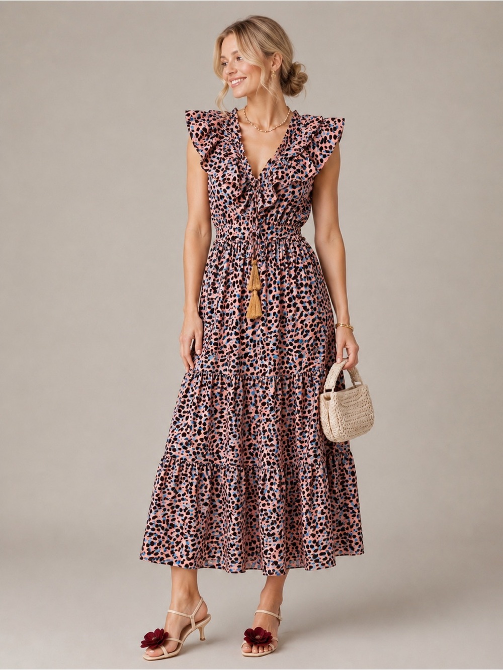 THML Pink Leopard Print Tiered Midi Dress Tassel Tie Boho Resort L cottagecore - Picture 8 of 10